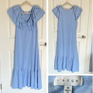 S'edge Blue Cotton Knit Ruffled Midi Dress - 29789